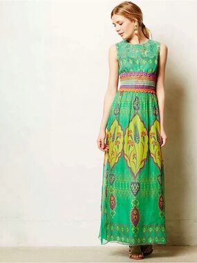 HEMANT & NANDITA Green Maxi Dress Mintzita Colorful Yellow Orange Print Crochet